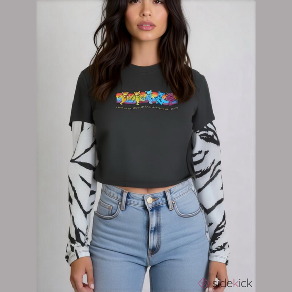 The Grateful Dead Long Sleeve Teddy Bear Tie-Dye Tee Woman's Small Black‎ Gray - Picture 1 of 11